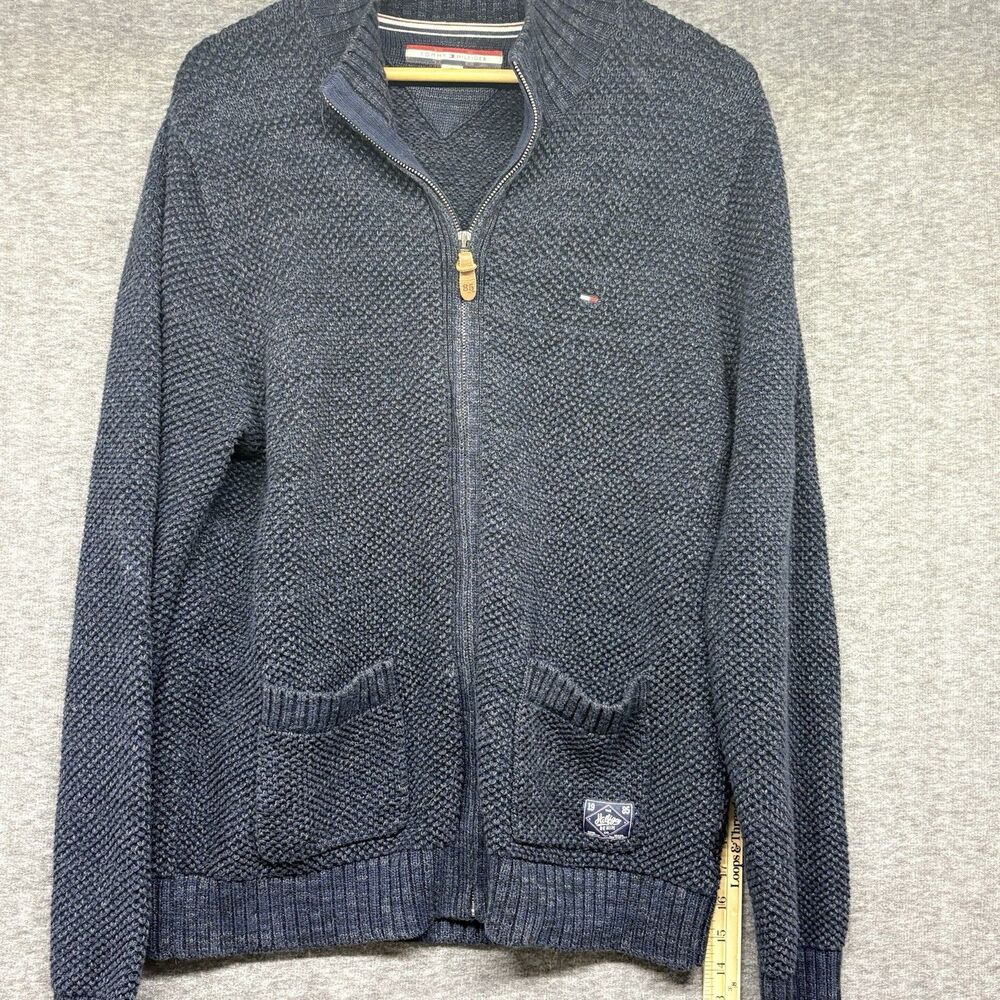 Tommy Hilfiger Mens Full Zip Sweater Logo Pockets Preppy Size X-Large Blue